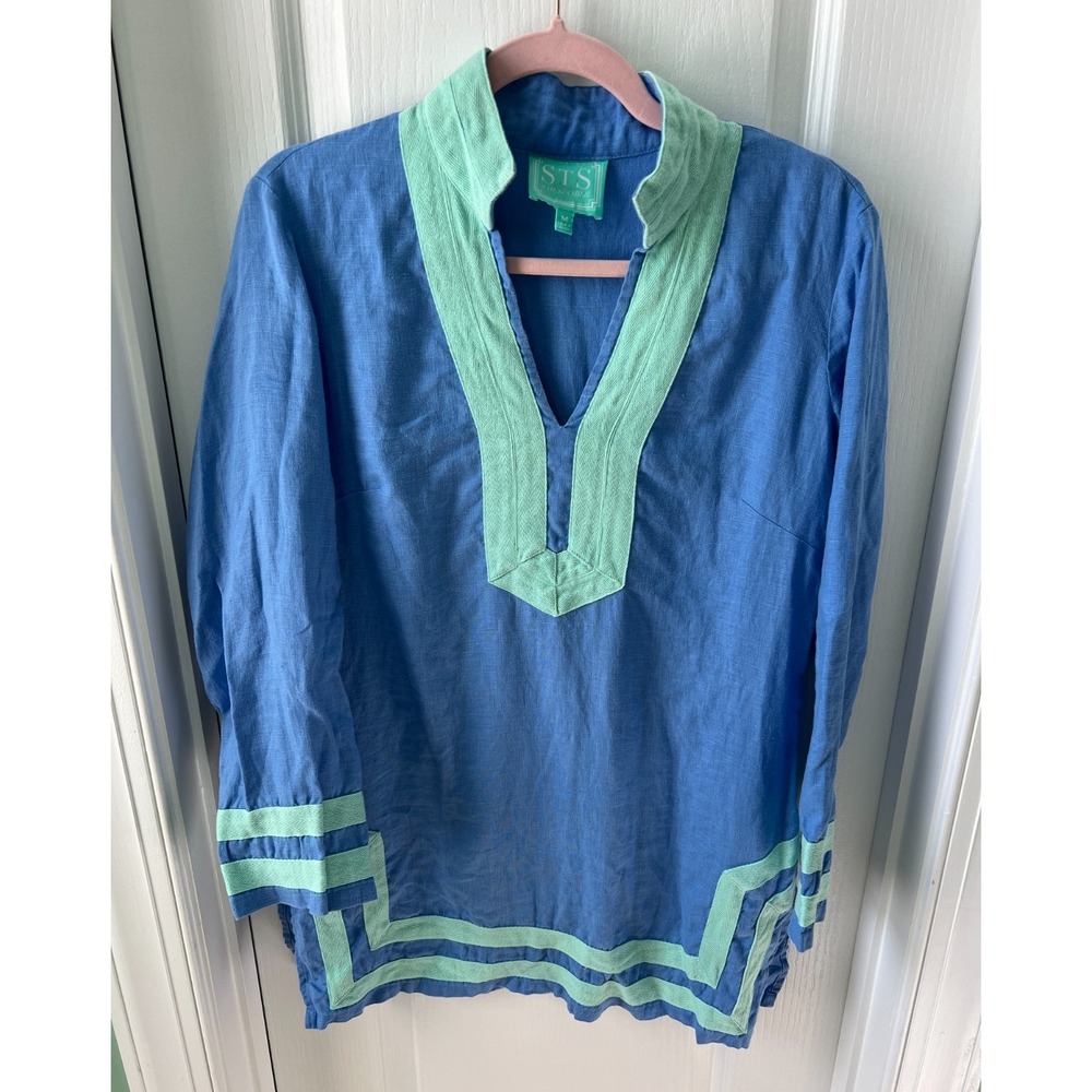 Sail to Sable Womens Tunic 100% Linen Blue Green Long Sleeve Pullover Size M